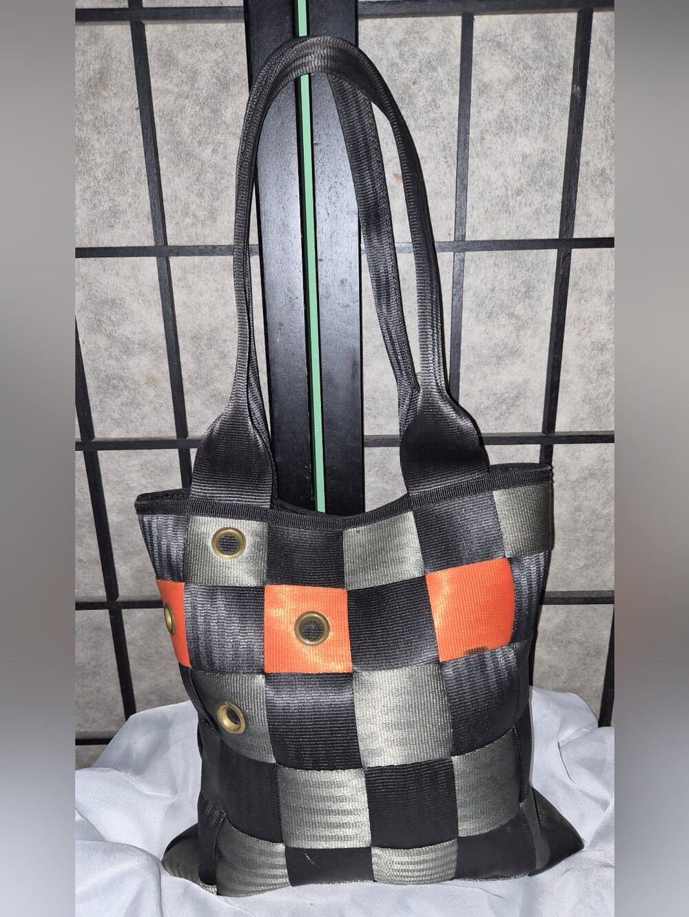 Ting London Recycled Seatbelt Woven Tote Bag Black Grey Orange Checkerboard